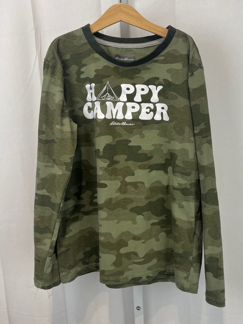 EDDIE BAUER Kids Happy Camper Camo Graphic Tee Shirt Long Sleeve Green 14 L